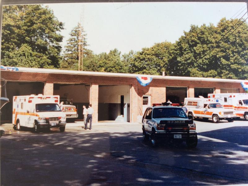 The apparatus bays behind the Payne Memorial Building. The bays were torn down in 2008 and the lot replaced with an elderly housing complex.